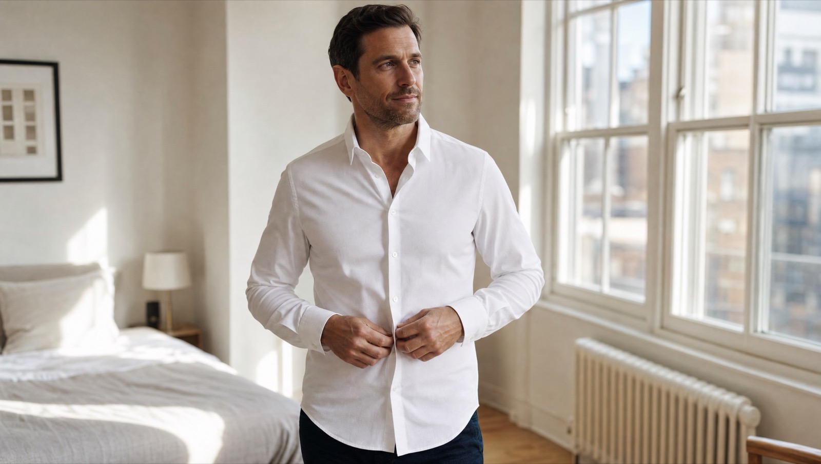 A man buttoning a white oxford shirt in morning light