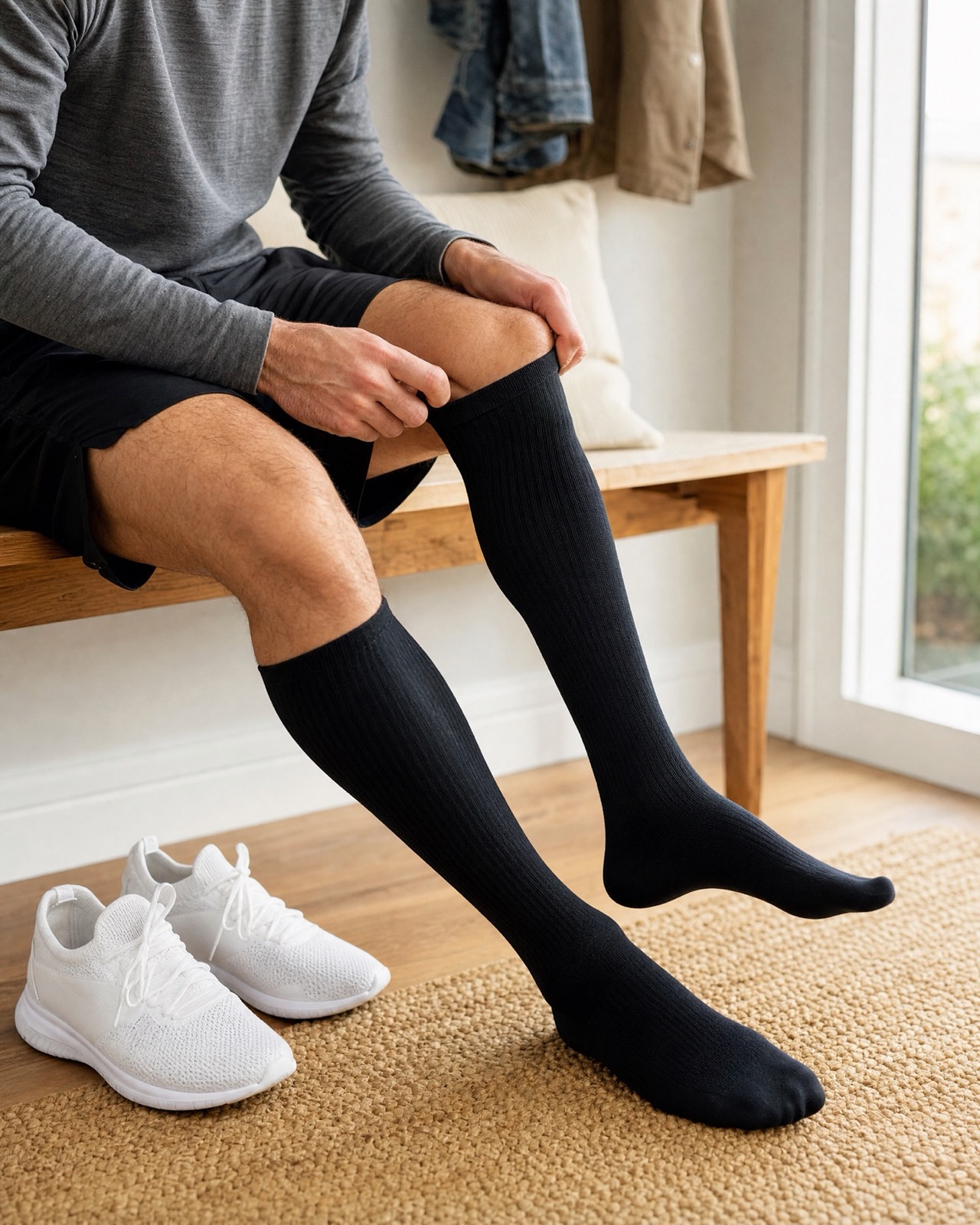 A man pulling on black knee high compression socks